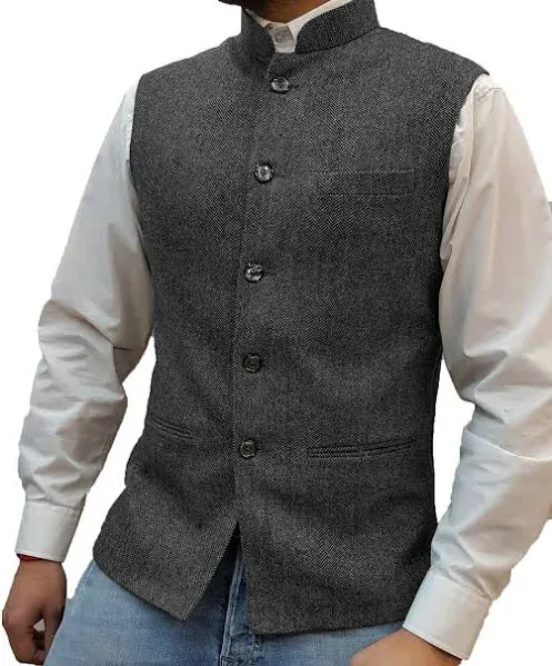 Tuikayoo Mens Herringbone Wool Vests Suit Business Tweed High Collar Waistcoats Slim Fit