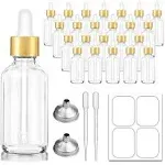 Bumobum 2 oz Dropper Bottle, 24 Pack Clear Glass Eye Dropper Bottles with Golden Top Cap for Essential Oils, Tincture Bottle with Labels and Funnel