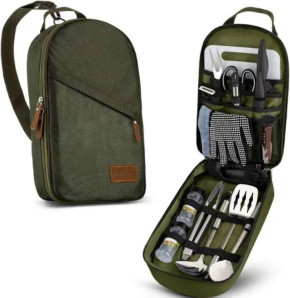 11 Piece Camp Kitchen Cooking Utensil Set Travel Organizer Grill Accessories Portable Compact Gear for Backpacking BBQ Camping Hiking Travel Cookware