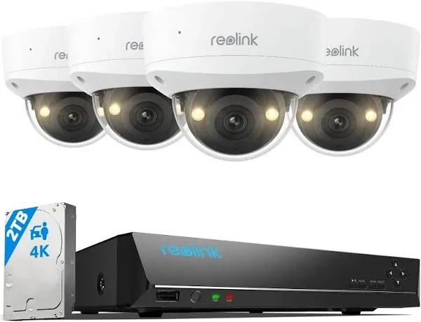 REOLINK 4K Security Camera System, 4pcs 4K UHD IK10 Vandalproof PoE Surveillance Cams Wired Outdoor, 8CH NVR 2TB HDD, Color Night Vision, Smart Detection, 2-Way Audio, IP67 Weatherproof, RLK8-800V4