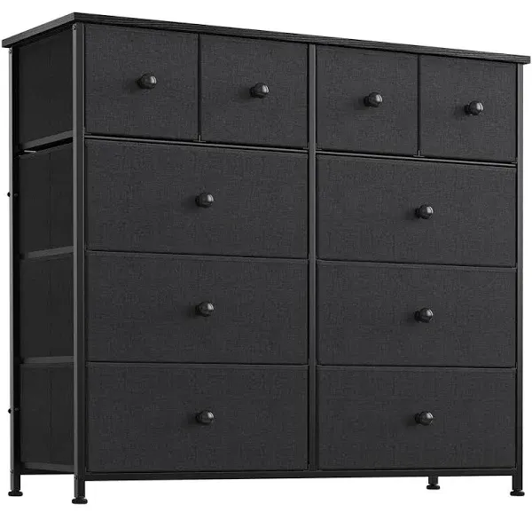 REAHOME 10 Drawer Dresser for Bedroom Fabric Storage Tower Wide Black Dresser with Wood Top Sturdy Steel Frame Storage Organizer