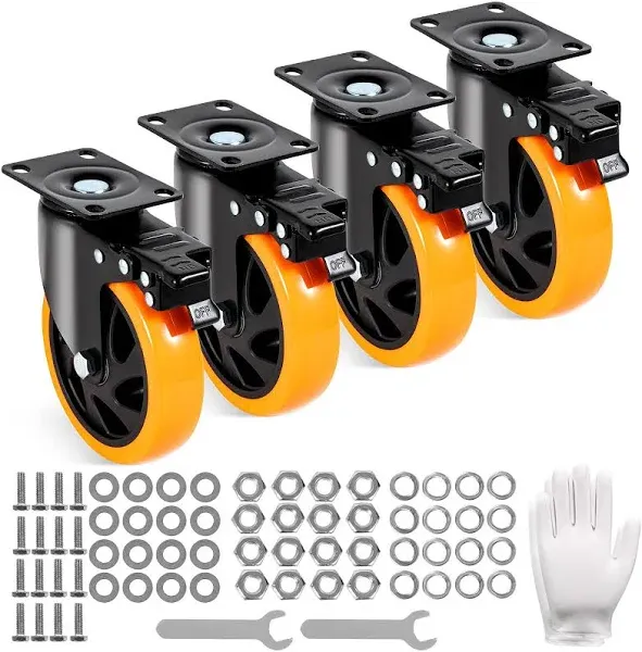 VEVOR Caster Wheels, 3-inch Swivel Plate Casters, Set of 4, with Security A/B Locking No Noise PVC Wheels, Heavy Duty 1000 lbs Load Capacity, Non-Marking Wheels for Cart Furniture Workbench