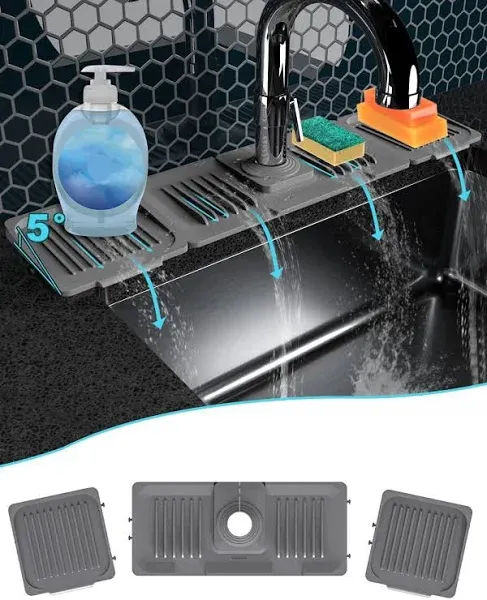 Abulun Spliced Sink Splash Guard-Silicone Draining Mat for Kitchen Sink-Faucet Drain Pad with 2 Sponge Holder and Dish Soap Tray-Rubber Handle Drip