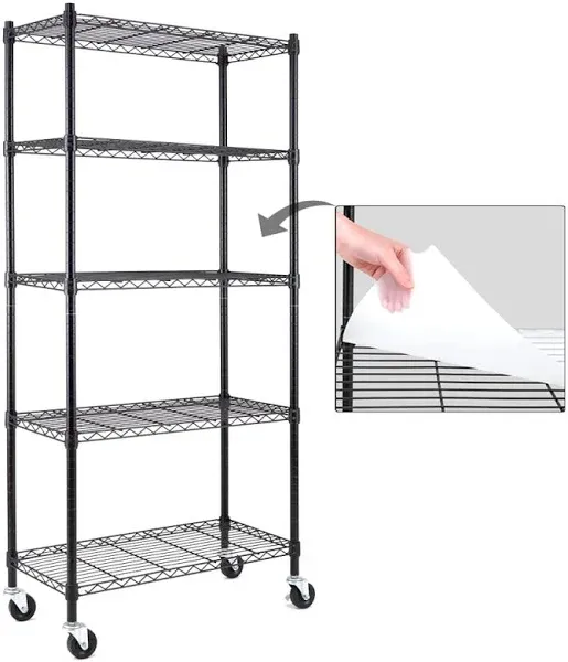 5-Shelf Shelving Units and Storage on 3'' Wheels with Shelf Liners Set of 5, NSF Certified, Adjustable Heavy Duty Carbon Steel Wire Shelving Unit (30W x 14D x 63.7H) Pole Diameter 1 Inch