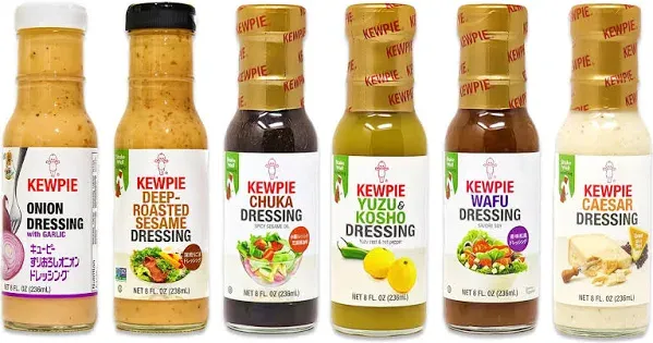 Kewpie Dressing Variety 6 Pack of Japanese Salad Dressing including Kewpie Deep Roasted Sesame Dressing, Yuzu Kosho, Caesar, Onion Dressing with Garlic, Spicy Sesame Oil, and Savory Soy