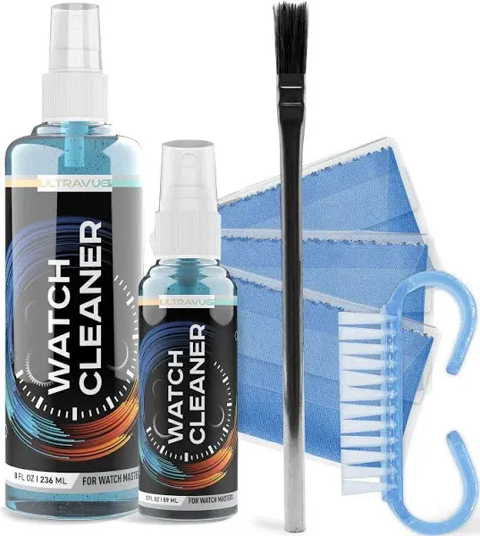 Watch Cleaning Kit - Cleans All Watches and Jewelry Including Metals, Crystals and Rubber - 1 x 2oz and 1 x 8oz Watch Cleaner Gel Spray, 3 x Microfiber Cloth, 2 x Horsehair Brush