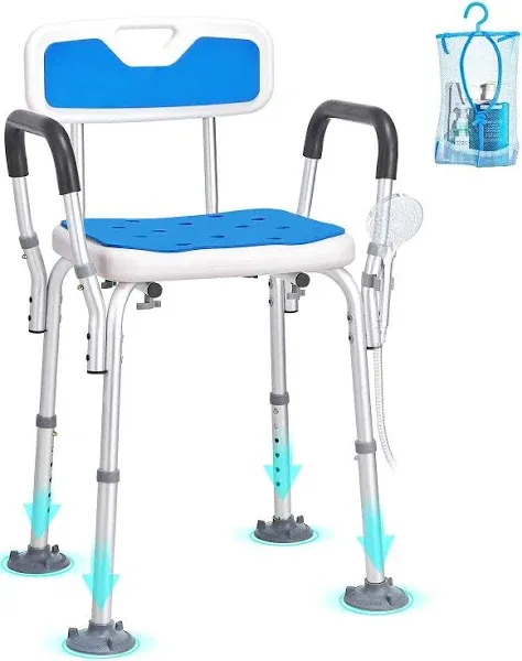 RELOIVE Shower Chair Bath Seat with Back and Padded Armrests,6 Height Adjustable, Supports up to 350 lbs, White