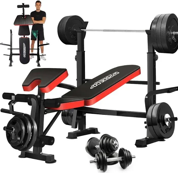 OPPSDECOR 8 in 1 650lbs Weight Bench Adjustable Bench Press Set with Squat Rack Olympic Workout Bench with Leg Developer Preacher Curl Foldable Weight Benches For Home Gym OPX496