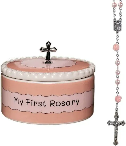 Girls My First Pink Rosary &amp; Keepsake Box, Catholic Baptism Gifts for Baby Girl 