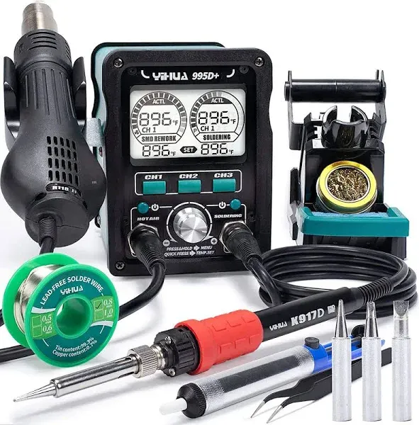 YIHUA 995D+ EVO Soldering Hot Air Station Kit 2-IN-1 110W Soldering Iron with LCD Display, Power Meter, Preset Channels, Sleep Mode, °C-°F Conversion, Automatic Shutdown Functions