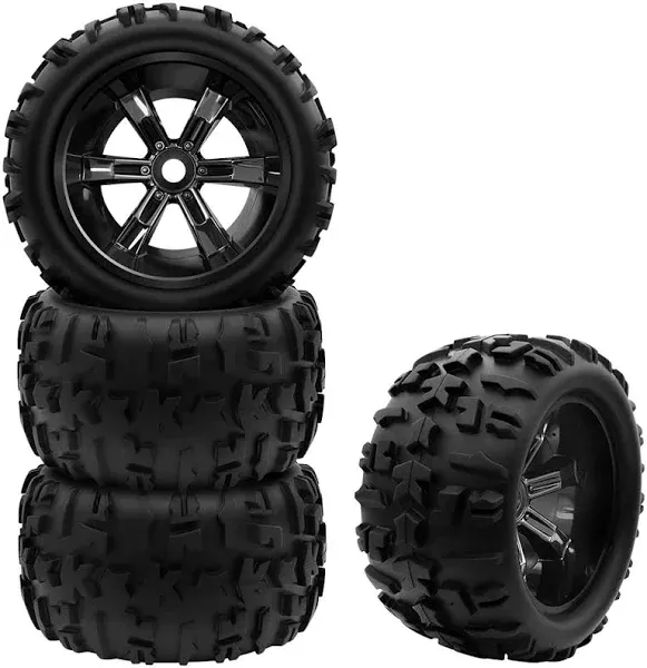 GLOBACT 1/8 1/10 17mm Hex RC Wheels and Tires RC Monster Truck Buggy PreGlued RC Tires and Rims with Foam Inserts for 1/10 TRX ERevo T-Maxx Summit Arrma KRATON Outcast RC Monster Truck (4Pcs)