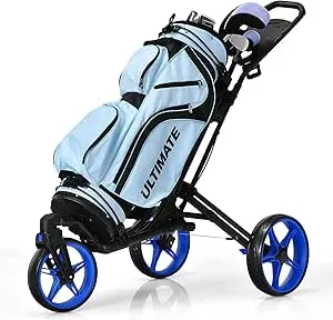 Tangkula Golf Push Cart with 360° Rotating Front Wheel, Aluminum Collapsible 3 Wheels Golf Pull Cart, Golf Trolley w/Elastic Strap, Scoreboard Storage & Foot Brake, Height-Adjustable Handle