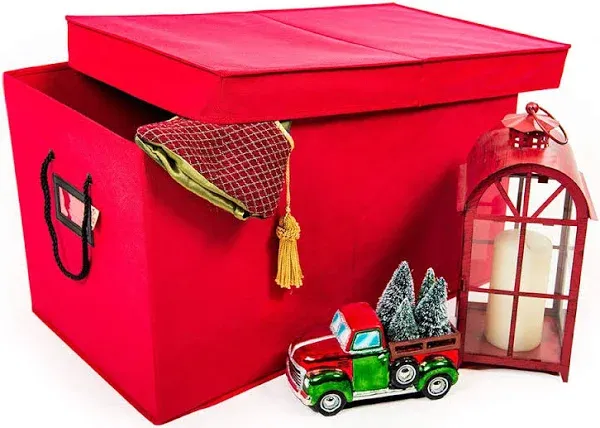 [Multi Use Christmas Decoration Storage Box] - Self Standing Container with ID Tag Holder for Easy Identification - for Garland Storage and Other Miscellaneous Decor Storage (Red)