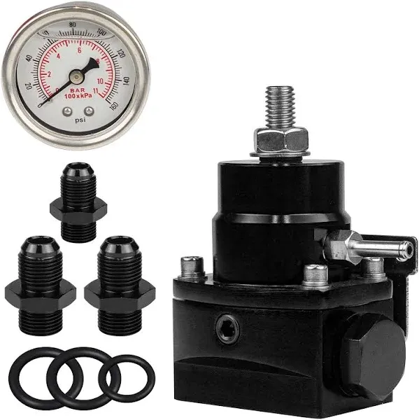 Carburetor Fuel Pressure Regulator AN8 Feed & AN6 Return Line with 0-160PSI Gauge Set Black, Fuel Pressure Regulator With Return (Black)