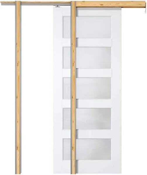 28 in. x 80 in. White Primed MDF 5-Lite Glass Sliding Door, Wood Pocket Door Frame, with Hardware