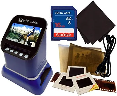 Wolverine F2D Saturn Digital Film & Slide Scanner - Converts 120 Medium Format, 127 Film, Microfiche, 35mm Negatives & Slides to Digital - 4.3" LCD, 16GB SD Card, Z-Cloth & HDMI Cable Included (Blue)