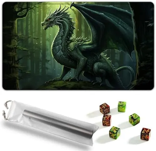 MTG Playmat, Game Mat 24 x 14 inches for MTG DTCG CCG RPG Trading Card Inked Game Playmats Mousepad Desk Mats Smooth Rubber Surface Battle with 6 Dice - Green Dragon