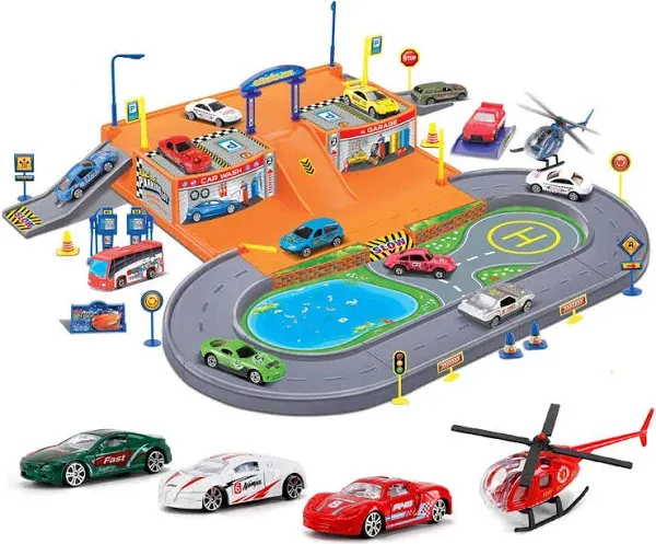 City Parking Garage Diecast Racing Track Set - Toy Car Wash Vehicle Playset w...