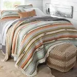 Rod's Painted Desert (Quilt Set) Southwest Aztec Ruffle - Blue, Orange, Green and Brown Stripe - 3 Piece Bedding Set - (1) King Quilt (105x95) and (2) King Shams (20x36in)