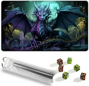 MTG Playmat, Game Mat 24 x 14 inches for MTG DTCG CCG RPG Trading Card Inked Game Playmats Mousepad Desk Mats Smooth Rubber Surface Battle with 6 Dice - Dragon 3