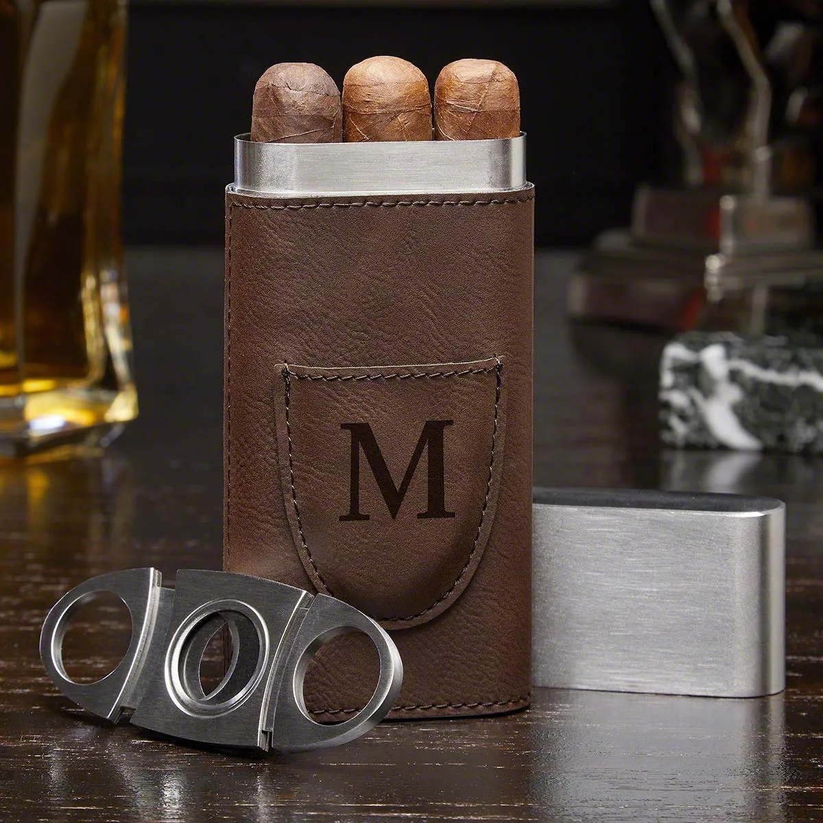 HomeWetBar Monogrammed Travel Cigar Case with Cigar Cutter