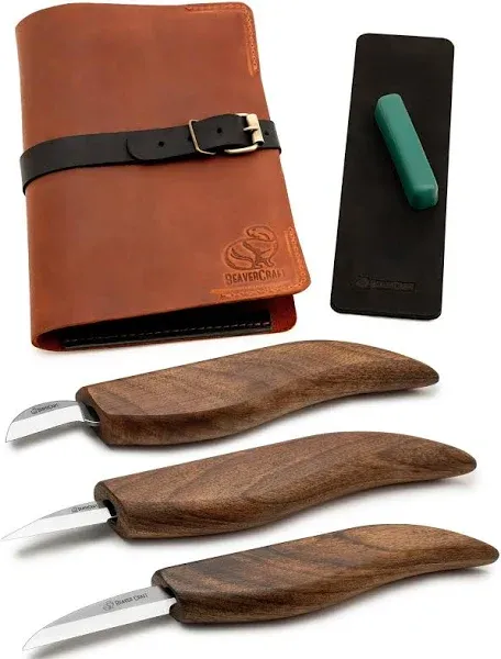 BeaverCraft Wood Carving Kit Deluxe Whittling Knives Set & Leather Strop for Carving Knife S15X Wood Carving Knives Set, Tools & Knife Strop with Polishing Compound Wood Whittling Kit and Leather Case