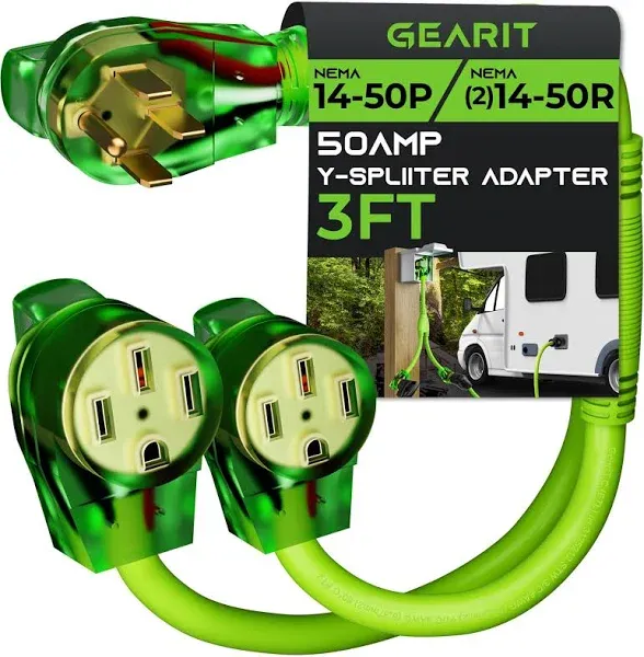 Kanayu 50Amp 14-50 Y Splitter Adapter Cord ETL Listed 14-50P Male to 2X 14-50R Female 4 Prong 250V Splitter for RV and EV Heavy Duty 6/3+8/1 STW AWG RV Generator Outdoor Extension Cord, 3 Ft(Green)