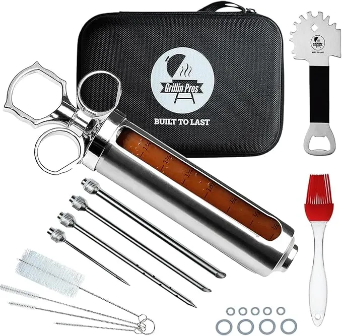 Professional Meat Injector Syringe Kit for Smoking & Grilling Turkey, Brisket & BBQ - Large 2 Oz Visible Stainless Steel Capacity - Never Leaks or Clogs + Safe Grill Cleaner & Marinade Flavor Brush