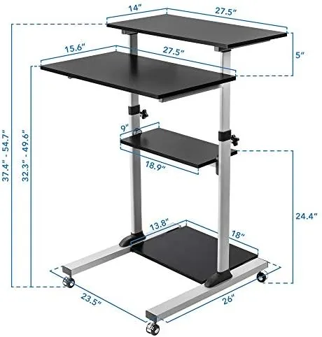  Mobile Standing Desk Cart, Height Adjustable Rolling Stand Up Desk, Black