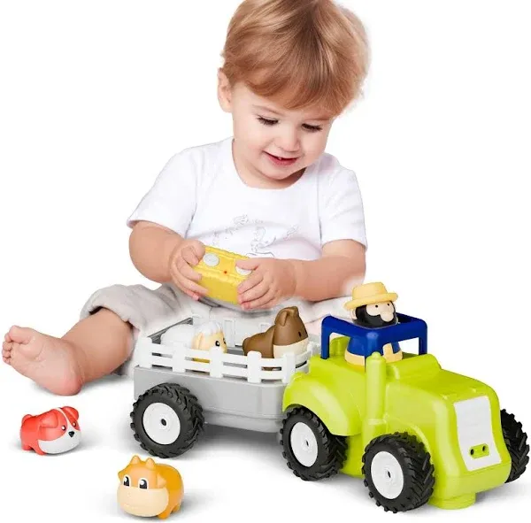 iPlay, iLearn Toddler Remote Control Farm Tractor Toy, Baby RC Trailer Truck Set, Music Pretend Farmer Animals Vehicle Playset W/Sound, Birthday Stocking Gifts 18 24 Month 2 3 4 Year Old Kids Boy Girl