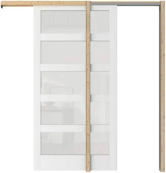 TENONER 30 in. x 80 in. 5 Panel Frosted Glass, Can Be Painted, White MDF Wood Pocket Door Frame All Hardware PK-PJ30N