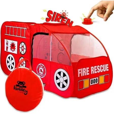 Kiddey Fire Truck Tent for Kids | Firetruck Play Tents with Sirens and Fireman Sounds for Girls, Boys, & Toddlers Gifts | Red Fire Engine Pop Up