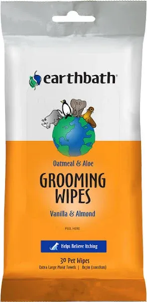 earthbath, Oatmeal & Aloe Grooming Wipes - Dog Wipes for Paws and Butt, Best Pet Wipes for Dogs & Cats, Helps Relieve Itchy & Dry Skin, Made in USA, Cruelty-Free - Vanilla & Almond 30 Count (1 Pack)