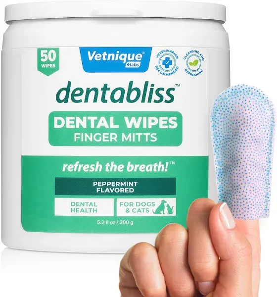 Vetnique Dentabliss - Dog Teeth Cleaning Finger Mitt Dental Wipe - Dog Plaque and Tartar Remover with Brushing Beads - Convenient Dog Teeth Wipes with Peppermint, Dog Breath Freshener