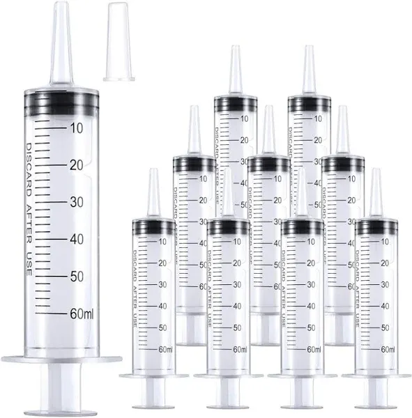 10 Pack 60ml/cc Plastic Syringe Large Syringes Tools Catheter Tip individually sealed with Measurement for Scientific Labs, Measuring Liquids, Feeding Pets, Oil or Glue Applicator