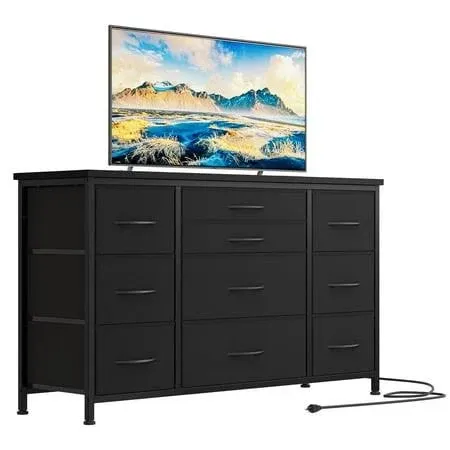 Wide Dresser with 10 Large Drawers for 55&#039;&#039; Long TV Stand with Power Outlet E...