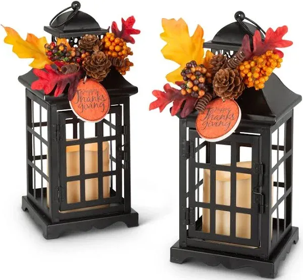 Gerson 2 Lighted Metal Thanksgiving Lanterns with Candle