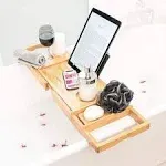 Monsuri Bath Caddy Tray for Tub: Bamboo Bathtub Tray Caddy Expandable with Wine Glass Holder and Book Stand. Luxury Bubble Bath Accessories & Spa