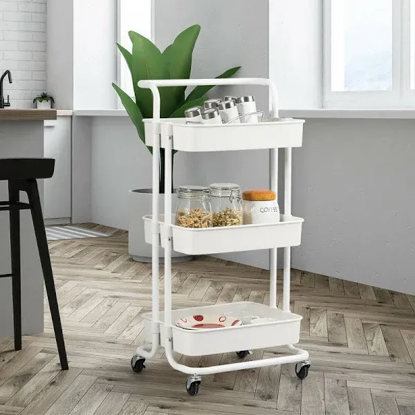 Giantex 3-Tier Utility Cart, Storage Rolling Cart with Casters, Multifunctional Organizer Cart with Top Handle, ABS Mesh Baskets, Storage Trolley with Brakes for Home and Office 16.5"x14"x34"(White)