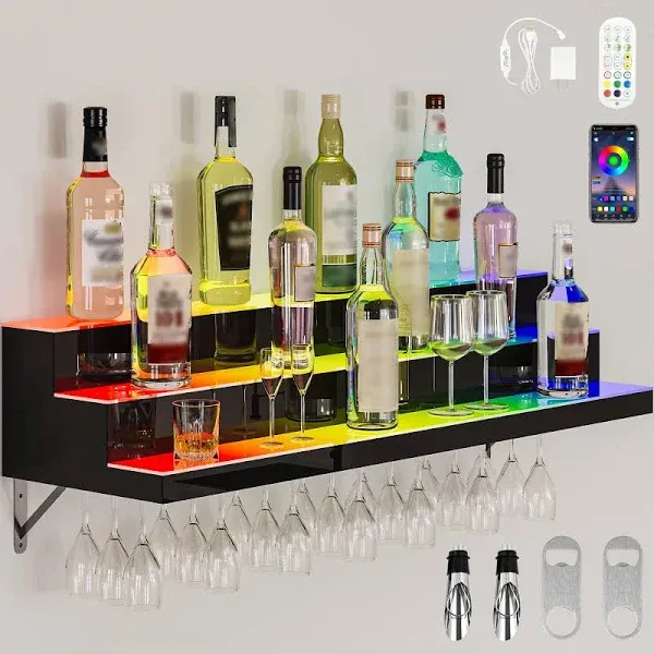 YITAHOME LED Light Liquor Bottle Display Shelf, 3-Tier 40-inch Bar Shelves for Liquor Bottles Wall Mounted Acrylic Liquor Shelf with Wine Holder Slots, Remote & App Control for Home Commercial Bar