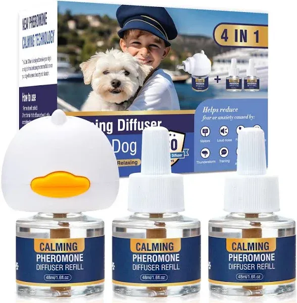 Dog Pheromone Calming Diffuser 4 In 1 Appeasing Pet Pheromones Diffuser to Calm Kit (Plug in+ 3 Pack 48ml Refill) for Anxiety Relief Reduce Barking Aggression Fighting Stress 90 Day Supply(Tasteless)