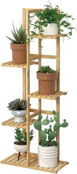 Laiensia Bamboo 5 Tier 6 Potted Plant Stand Rack Multiple Flower Pot Holder Shelf, Indoor&Outdoor Planter Display Shelves for Pa, Bamboo