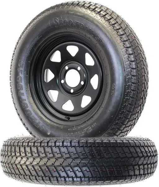 2-Pk Trailer Tire Rim ST205/75D15 15 in. Load C 5 Lug Black Spoke Wheel