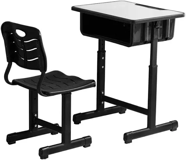 Student Desk and Chair Combo, Height Adjustable School Desk and Chair Workstation with Drawer, Pencil Grooves and Hanging Hooks for Home, School and Training (Black&White)