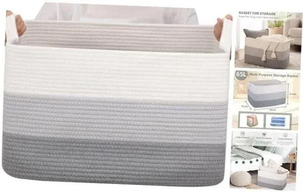 OIAHOMY Large Storage Basket, Cotton Rope Woven Blanket Basket, Toy Basket for Baby Room, Basket for Blanket Storage in Living Room, 20''×16''×12'', Gradient Grey