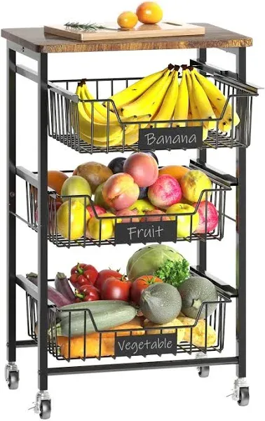 Chloryard 4-tier Vegetable Fruit Basket Kitchen Storage Rolling Cart on Wheels with Pull-out Baskets and Wood Top for Kitchen Diningroom Pantry