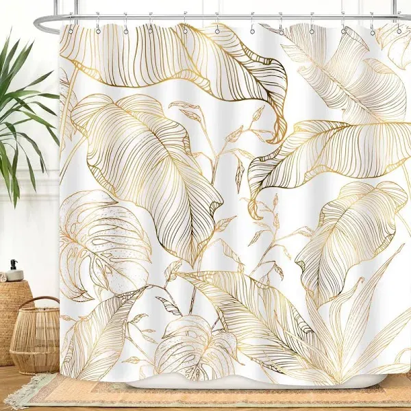 White Gold Tropical Palm Leaves Shower Curtain Abstract Banana Leaf Copper Chic Modern Botanical Plant Nature Aesthetic Bathroom Decor Waterproof Fabric 72Lx72W Inch with 12PCS Hooks