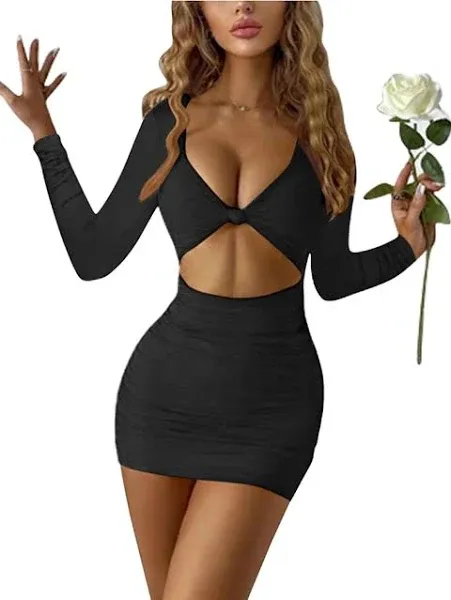 XXTAXN Women's Sexy Bodycon Deep V Neck Long Sleeve Cut Out Club Mini Dress