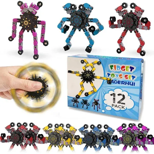 12 Pack Funny Sensory Fidget Toys,Deformable Chain DIY Robot Spinners Fingertip Stress Relief Gyro Toy Birthday Gifts Goodie Bag Easter Basket Stuffers Classroom Prizes Party Favors for Kids Adults