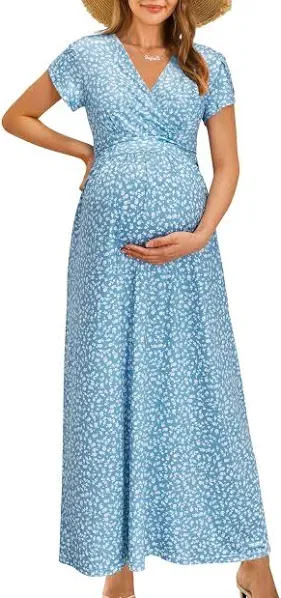 OUGES Maternity Maxi Wrap V Neck Dress